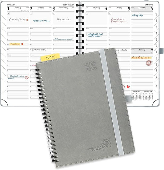 POPRUN Planner 2025-2026 (Medium - 6.5'' x 8.5'') Academic Weekly Calendar (July 2025 - June 2026) with Hourly Time Slots, Monthly Tabs, 100GSM Thick Papers, Spiral Leather Cover - Grey