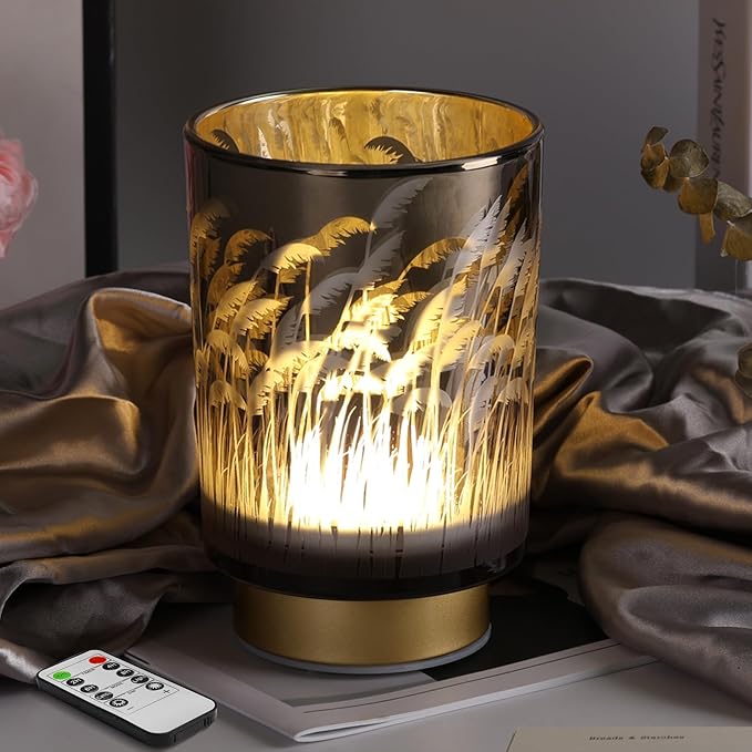 Eywamage Small Battery Operated Table Lamp with Remote Timer, Pampas Glass Cordless Accent Lamp for Bedroom Kitchen Living Room
