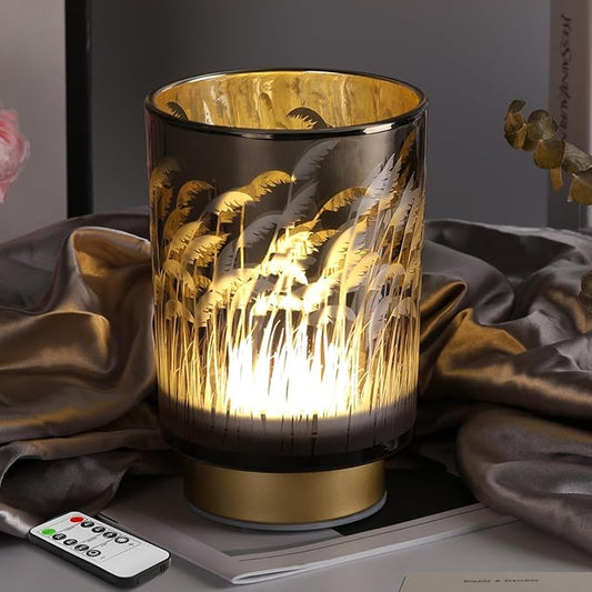 Eywamage Small Battery Operated Table Lamp with Remote Timer, Pampas Glass Cordless Accent Lamp for Bedroom Kitchen Living Room