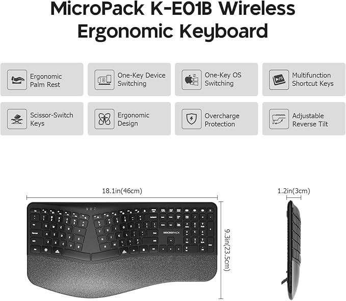 MicroPack Ergonomic Wireless Keyboard with Bluetooth, USB-C Rechargeable & Overload Protection, Wrist Rest, 3-Device Connectivity, Quiet Scissor Switch, Adjustable Tilt for Mac, Windows, PC, Office