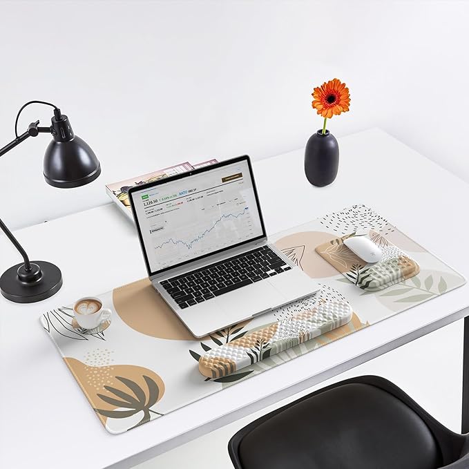 HAOCOO Computer Desk Mat Large, Ergonomic Mouse Pad with Wrist Rest and Keyboard Wrist Pad, 4 in 1 Desk Pad Set with Coaster, Massage Gaming Mousepad for Laptop Desktop Office, Boho Tropical Leaves