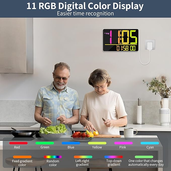 13" Large Digital Wall Clock with Remote, RGB Color Changing, 25 Ringtones, 0-100% Auto/Custom Brightness, Temperature, Calendar, 12/24H, DST, Timer, for Living Room/Bedroom/Office/Elderly