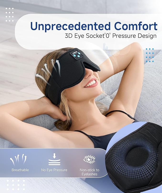 Voerou Sleep Headphones 3D Sleep Mask with Bluetooth, Adjustable Wireless Eye Mask for Sleeping for Women Men, Sleeping Headphone with Ultra-Thin Stereo Speakers Perfect for Sleep Naps