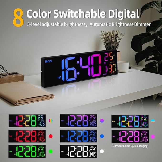 8 Colors Digital Wall Clock, 16.2" Large Digital Clock with Temperature, Date, Auto DST, Night Light, Auto Brightness Dimmer, 24/12-hour Wall Clock for Living Room Office Classroom Gym