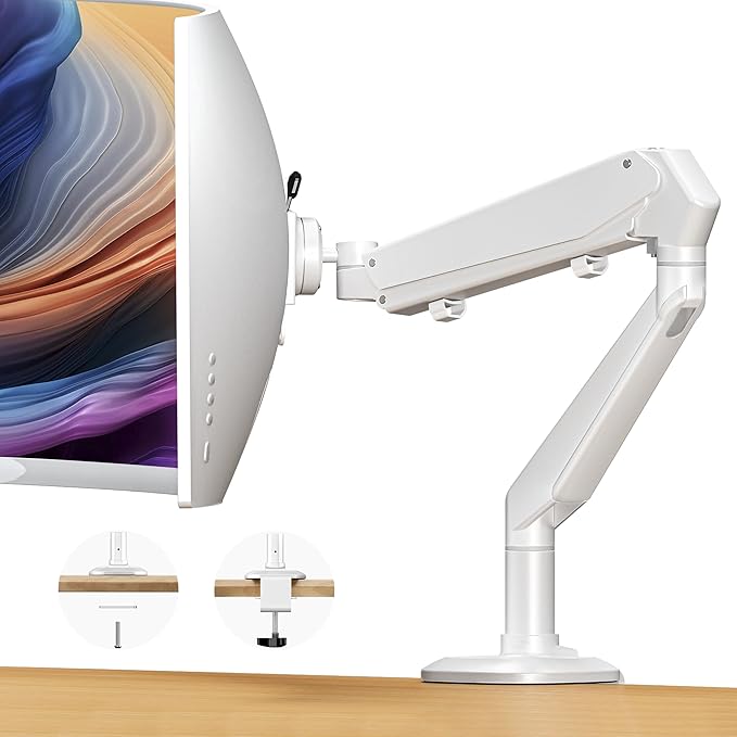 Single Monitor Arm for Screens up to 32 Inch and 19.8 lbs, Fully Adjustable Gas Spring Monitor Arm Desk Mount, 75/100 mm Vesa Mount, Aluminum, White