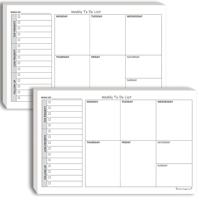 Weekly TO DO List Notepads (2 Pack, 50 Pages Each) Task Pad Planner w/Daily Checklist, Priority ToDo & Note Sections. Desk Notebook Pad to Organize Office. 8.5 X 5.5, A5 Sheets. Made in the USA.