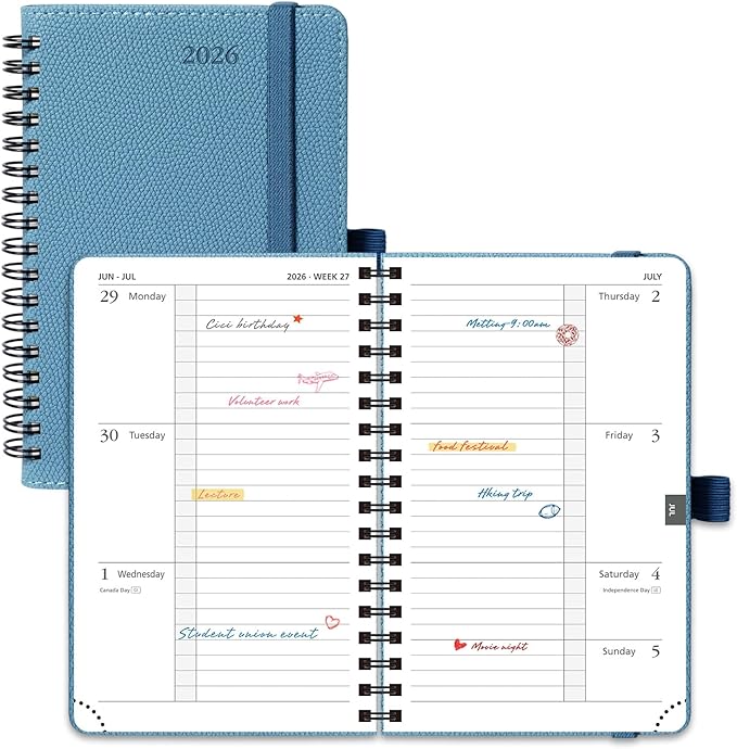 POPRUN 2026 Pocket Planner, (Small Size-4'' x 6.25'') - Daily Weekly and Monthly Calendar Agenda 2026 Appointment Book with Monthly Tabs, Spiral Soft Cover, Inner Pocket, 100 GSM - Aquamarine