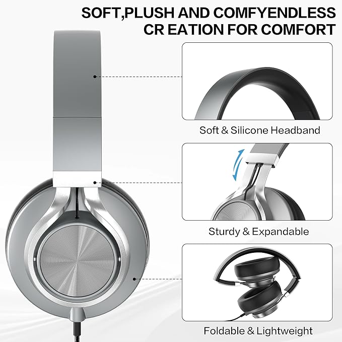 Over Ear Headphones Wired with Microphone - Noise Isolating Corded Headphones with Protein Leather Ear Cushions for Teens Adults,Fordable Head phones with Golded 3.5 mm Jack for Laptop Computer Tablet