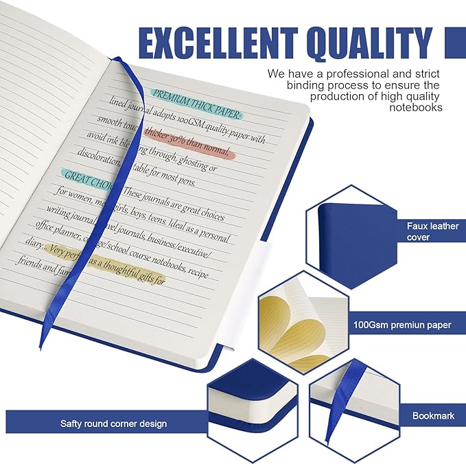 Lined Journal Notebook, 6Pack(Blue), 160 Pages, Medium 5.7 inches x 8 inches - 100 gsm Thick Paper, Hardcover