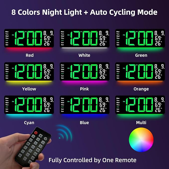 17.5” Digital Wall Clock, LED Display with Time, Date, Month, Temperature & Humidity, Remote Control DST, Alarm, Timer, 10-Level Brightness, Night Light for Home, Living Room, Bedroom & Office Décor