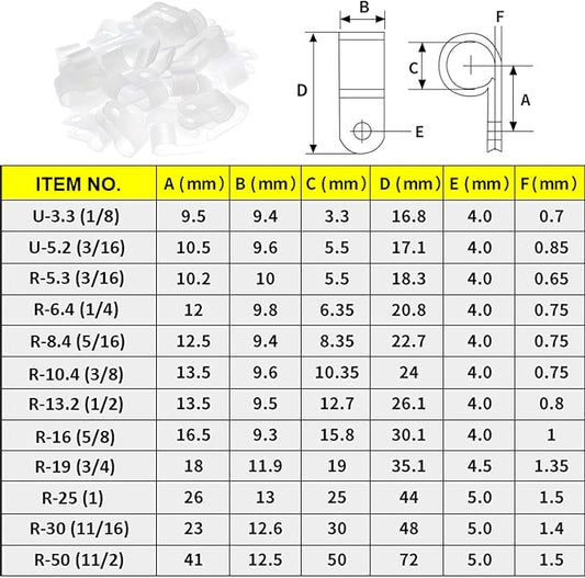 200 Pcs Nylon R-Type Cable Clips for Wire Management, 5/16'' White Plastic Fastener Clamp Assortment Kit