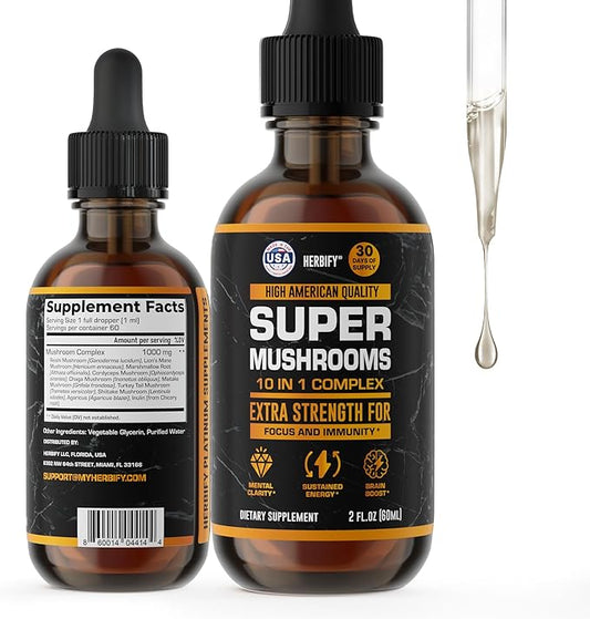 Mushroom Supplement - Lions Mane Reishi Cordyceps Chaga Turkey Tail Inulin & More Mushrooms For Immune Support, Energy - Premium Nootropic Brain Supplements For Memory And Focus - Made in USA 2 FL Oz