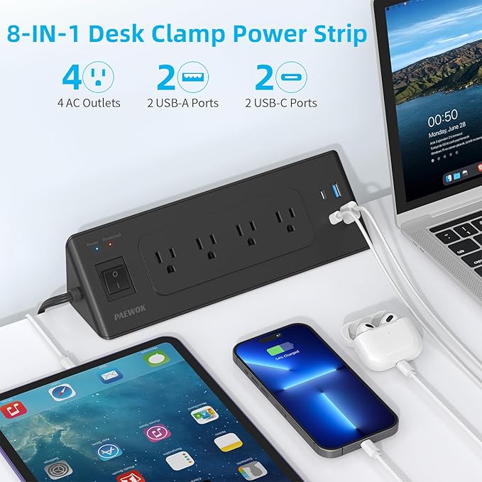 Desk Clamp Power Strip with USB C, Desk Charging Station with 4 Outlets 4 USB Ports, Desktop Mounted Power Strip Surge Protector, 6.5ft Flat Plug Extension Cord, Fit 1.9 inch Tabletop Edge, Black