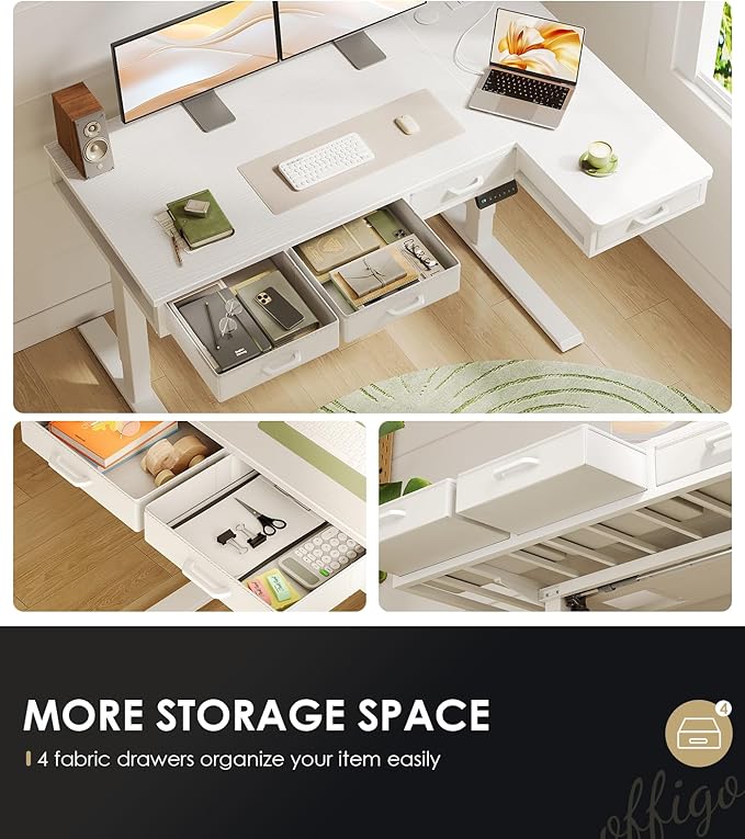 OffiGo 55 Inch L Shaped Electric Standing Desk with Drawers, Height Adjustable Large Desk with Power Outlets, Sit Stand Table, Writing Computer Desk for Home, Office, Workstation, White