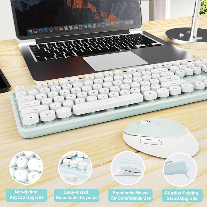 Wireless Keyboard and Mouse Combo, Ergonomic Full Size Typewriter Retro Round Keycaps Keyboard, Compatible with Windows, PC, Perfer for Home and Office Keyboards（Green）