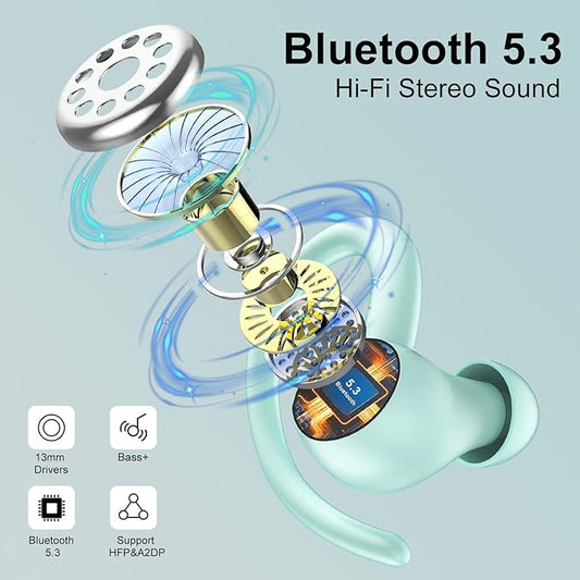 Wireless Earbuds Bluetooth 5.3 Headphones Sports, 48Hrs Playtime Bluetooth Earbuds with CVC 8.0 Mic, Stereo Bass Over Ear Bud with Earhooks, LED Display, IP7 Waterproof Earphon for Running Misty Blue