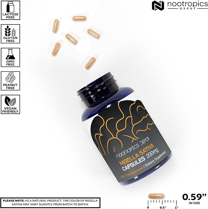 Nootropics Depot Nigella Sativa Extract Capsules | 200mg | 120 Count | Minimum 10% Thymoquinone Content | Black Seed Oil Extract | Supports Brain Health, Memory, Liver Health, and Immune Function