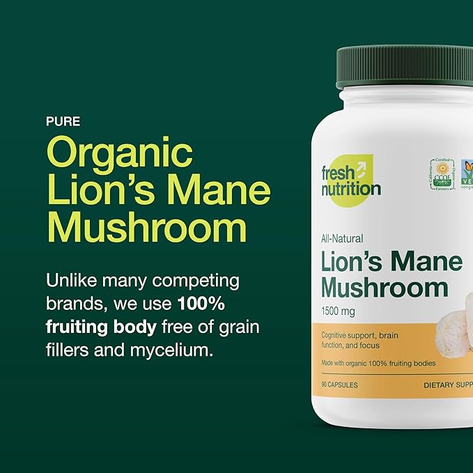 Fresh Nutrition Organic Lions Mane Mushroom Capsules - Strongest DNA Verified Formula - Rich in Alpha Glucan - Powerful Superfood Supplement - Brain, Immune System Benefits - Vegan Friendly