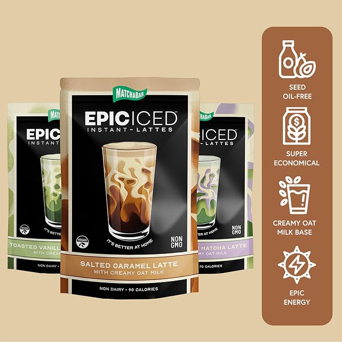 Matchabar Epic Iced Instant Latte Powder | Shaken Brown Sugar Espresso w/Oat Milk Base | Low Sugar, Non-Diary & Vegan Instant Iced Coffee Powder | Barista-Quality Creamy Latte Mix | 10 Servings