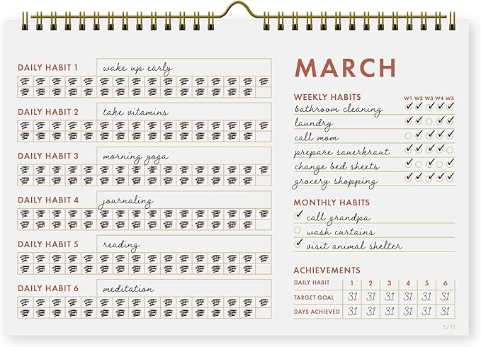 12-Month Habit Tracker Calendar – Minimalist Table Wall Planner for Goals & Productivity, Daily/Weekly/Monthly Tracking, Wire-O Hanger, Thick 200 gsm Paper, Neutral Design