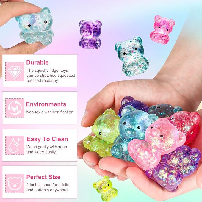 8 Pack Bear Squishy Toys, Glitter Colorful Sensory Stress Balls for Anxiety Relief, Squishy Balls Fidget Toys for Kids Adult, Squeeze Balls Bulk, Party Favors Goodie Bags Stuffer for Boys Girls