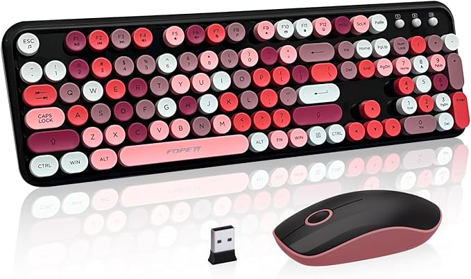 Keyboard and Mouse Wireless,Cute Retro Wireless Keyboard Mouse Combo with Round Key,2.4Ghz Dropout-Free Connection,Typewriter Wireless Keyboard Mouse Set for PC Laptop Desktop Computer-Black Colorful
