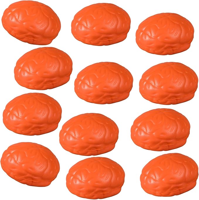 Leitee 12 Pcs Brain Stress Balls Bulk Large Halloween Brain Toys PU Hand Muscle Exercise Pressure Ball Funny Stress Relief Toy for Teens Adult Improving Grip Strength Prop(Orange)
