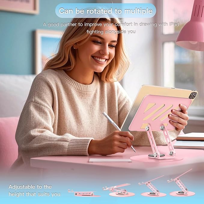 Pink 360° Rotating Portable Tablet Stand|Adjustable Dual Rotary Shaft,Foldable | Compatible with iPads & 4-13.3" Tablets - Perfect for Work,Office,Travel,Home,Painting
