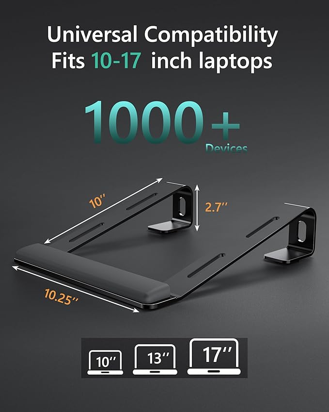 Aluminum Laptop Stand, Notebook Stand with Wrist Rest, Ergonomic Detachable Laptop Mount, Computer Stand Compatible with 10-17'' All Laptops Such as MacBook Air Pro/HP/Dell/Lenovo, Black