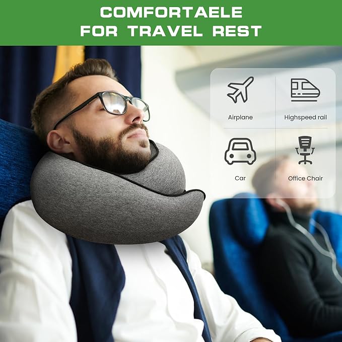 Badink® Memory Foam Neck Travel Pillow, Neck Pillow Airplane with MagicStrap – Adjustable Ergonomic Travel Pillow for Office/Airplane/Car, Washable Cover, Portable Cervical Support (Gray)