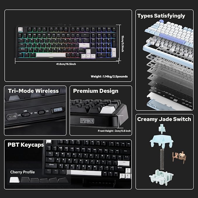 EPOMAKER TH99 Tri-Mode Wireless Mechanical Keyboard with 8000mAh Battery, Hot Swappable Custom RGB Gaming Keyboard with Numpad, Gasket Creamy for PC/Mac/Office (Black)