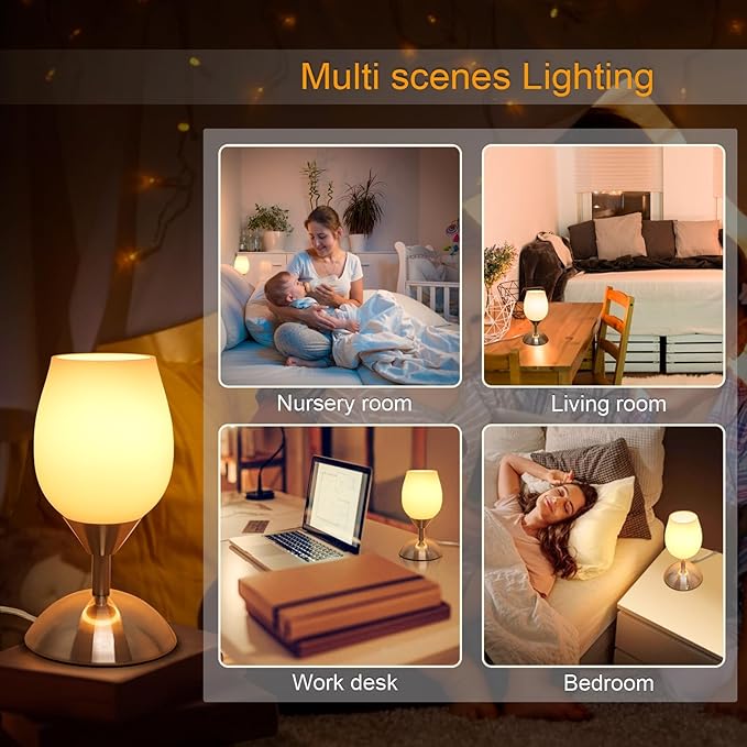 Small Touch Lamp for Bedroom Nightstand, 3-Way Dimmable Bedside Lamps Opal Glass Desk Lamp Silver Base, Tiny Table Lamp for Small Spaces Ambient Lighting for Living Room, E12 Bulb Included