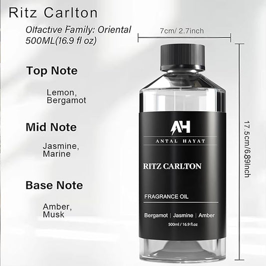 Hotel Diffuser Oil Inspired by The Ritz Carlton Hotel 500ml - Diffuser Oil Blends for Aromatherapy - Notes of Bergamot, Jasmine & Amber - Premium Fragrance Oil for Ultrasonic and Waterless Diffusers