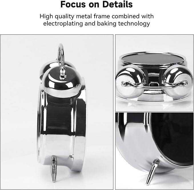 Digital Small Alarm Clock, 4.5 Inch Double Bell Electronic LED Alarm Clock, Plug in or Battery Operated Silent Metal Table Clock, Bedside Loud Bell Clock for Heavy Sleepers Adults Kids (Silvery)