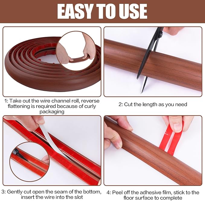 Floor Cord Cover Self Adhesive Cord Hider,3.3FT Cable Management, Extension Strip Protector for Wires, Prevent Cable Trips for Offices, Gyms, Exhibitions Cavity:0.47"(W) x0.35(H) Wood Red Teak
