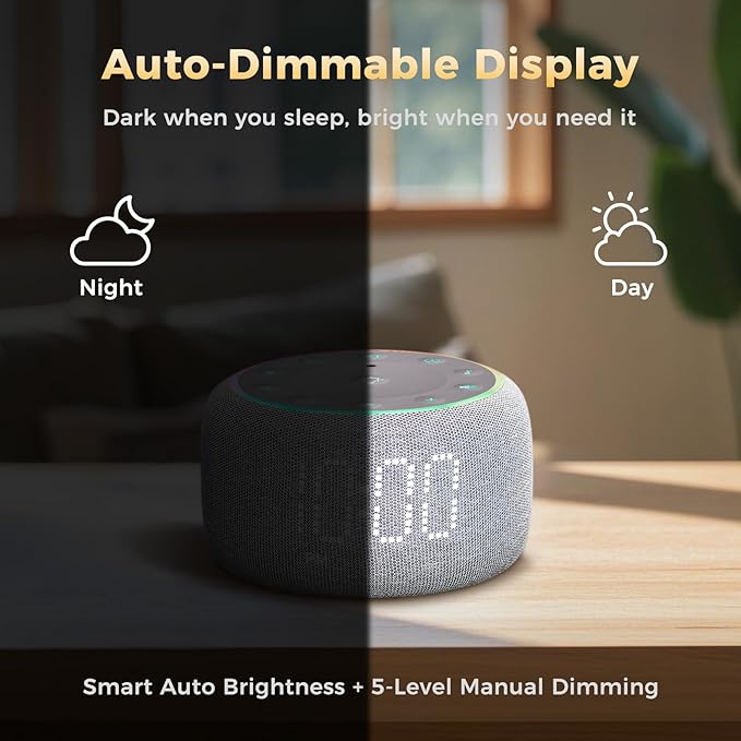 White Noise Machine Alarm Clock: Auto-Dimmable Clock for Bedrooms - 5W Stereo Bluetooth Speaker - Sound Machine with 24 Sleep Sounds for Adults Kids