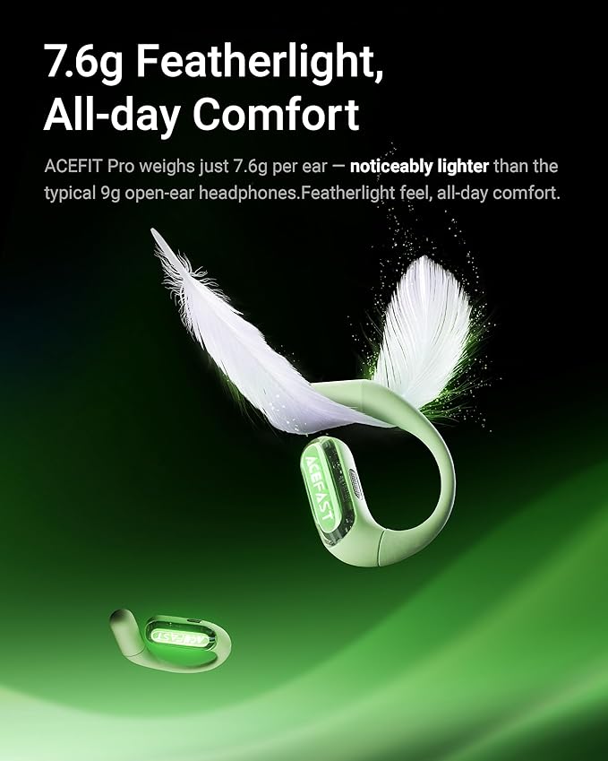 ACEFAST AceFit Pro Open-Ear Headphones, Night Safety Mode for Sports, Powerful Bass, 7.6g Ultra-Comfort, Bluetooth 5.4, 30H Playtime with Digital Display, IP54 Sports Earbuds for Running & Workouts