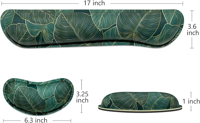 Dapesuom Enlarge Keyboard Wrist Rest, Memory Foam Wrist Cushion for Desk Mats Support, Cute Pain Relief Keyboard Mouse Pad Rests Set with Non-Slip Base for Gaming Laptop Office Computer, Green Leaf