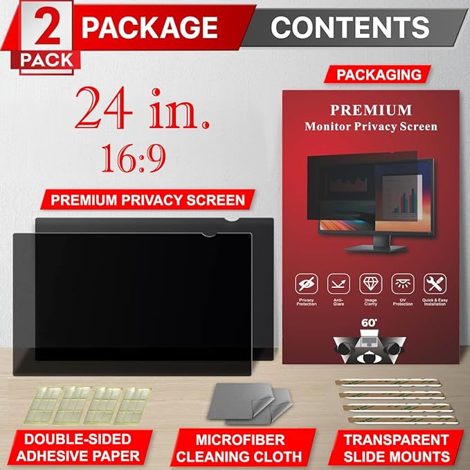 [2 Pack] 24 Inch Privacy Screen Filter for Widescreen 16:9 Monitor | Privacy Shield | Anti-Glare | Anti-Blue light Protector | Eye Protection | Computer Security Private Filter