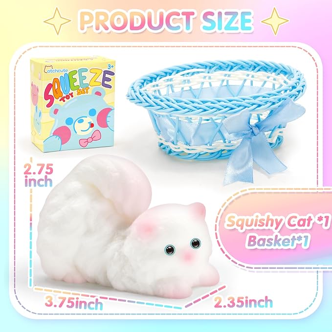 Big Squeeze Cat Toys with Basket,Soft Cat Squishies Sensory Fidget Toys for Stress Anxiety Relief, Sticky Toys Party Favors Christmas Birthday Gift for Kids Teens