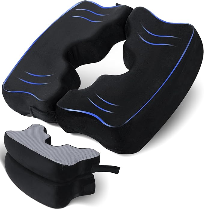 SAHEYER Bed Sore Cushions for Butt, Memory Foam Hemorrhoid Pressure Relief Pillow with Center Hole and Tailbone Cutout, for Long Sitting Coccyx, Sciatica, Postpartum, Pregnancy, After Surgery, Black