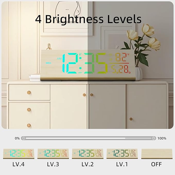 Solid Wood Digital Alarm Clock for Bedroom - 8.8 Inch Large Display for Living Room, See Time Instantly! Multicolor Backlight Time Display, Dual Alarms, Date/Temp/Day, DST, Snooze (Bamboo)