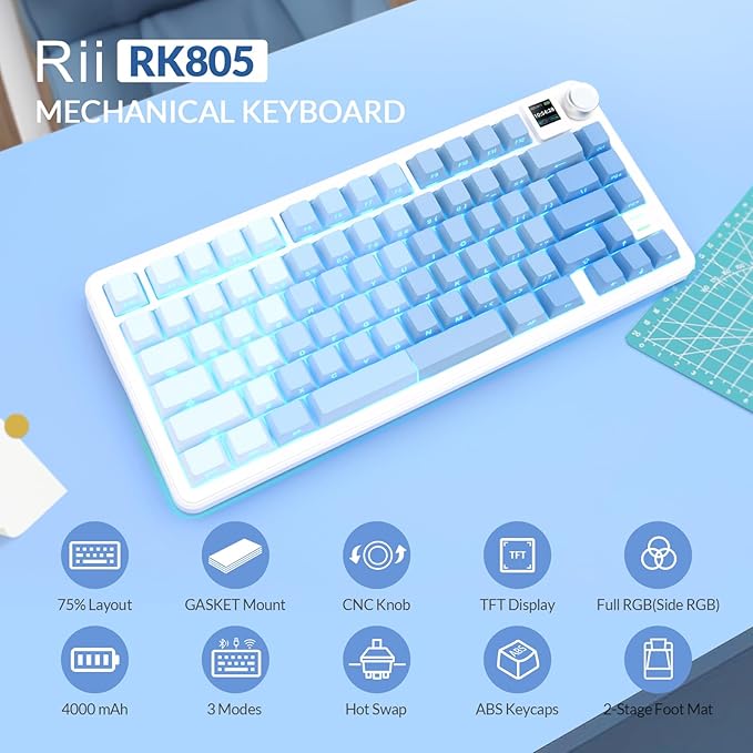 Rii RK805 Wireless Creamy Mechanical Keyboard with TFT Screen and Knob,75% Gasket-Mounted Gaming Keyboard with RGB Backlight,Tri-Mode BT/2.4G/USB-C,Hot Swappable,for Windows/Mac/Linux(Blue Gradient)