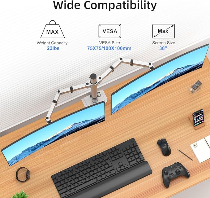 Suptek Dual Monitor Desk Mount, Adjustable Dual Monitor Arm for 2 Monitor Screens up to 38 inch, Extra Tall 15.75" Pole Monitor Stand for Desk, Holds up to 22 lbs,Silver(MD9442MS)