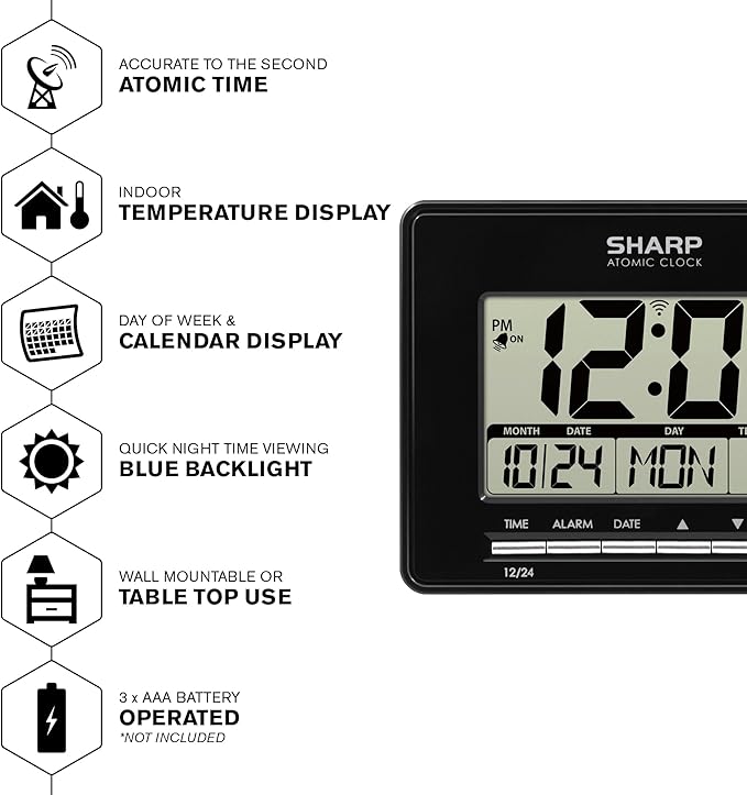Sharp Atomic Desktop Clock – Auto Set Digital Alarm Clock - Atomic Accuracy - Easy to Read Screen with Time/Date/Temperature Display- Perfect for Nightstand or Desk