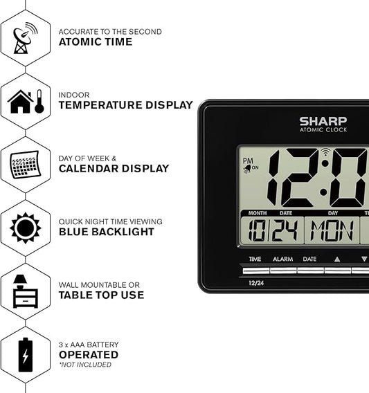 Sharp Atomic Desktop Clock – Auto Set Digital Alarm Clock - Atomic Accuracy - Easy to Read Screen with Time/Date/Temperature Display- Perfect for Nightstand or Desk