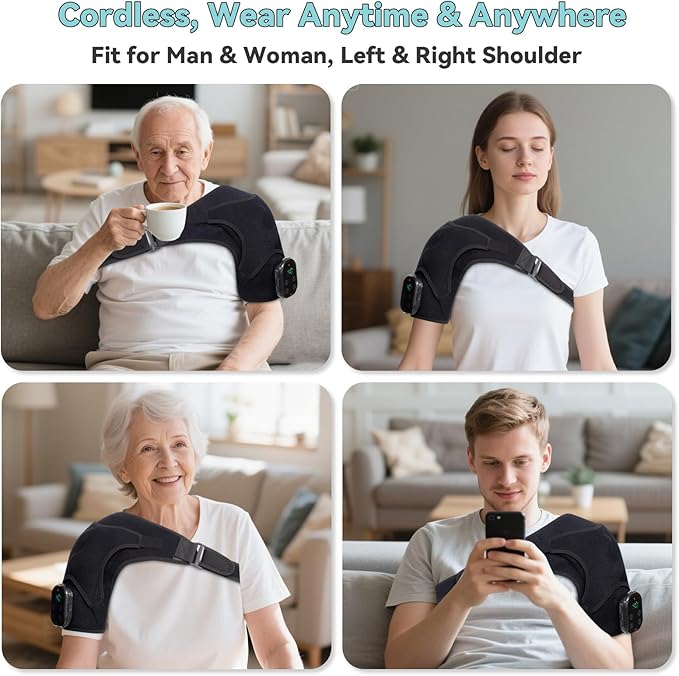 Cordless Shoulder Heating Pad with Massage, Red Light Shoulder Massager for Pain Relief, Electric Rotator Cuff Heated Shoulder Brace for Men & Women. (Black)