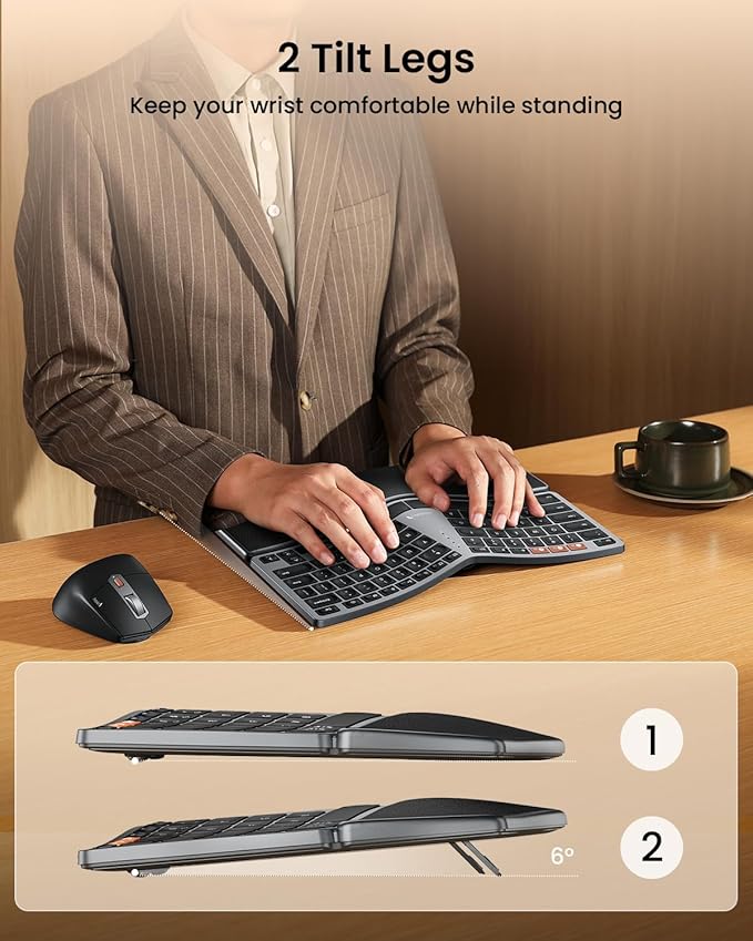 ProtoArc Bluetooth Ergonomic Keyboard Mouse, EKM04 Mini Compact Wireless Ergo Keyboard Mouse Combo, Split Design, Wrist Rest, Multi-Device, Rechargeable, Compatible with Windows/Mac/Android