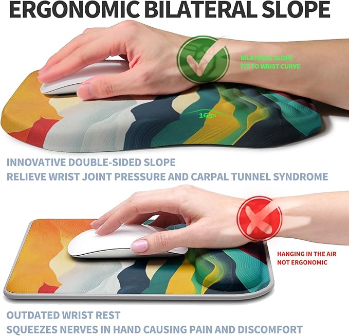 Ergonomic Raised Mouse Pad Wrist Support with Bilateral Slope Memory Foam Mousepad for Wrist Rest and Carpal Tunnel Pain Relief 11.8x7.9〃Colorful Lines