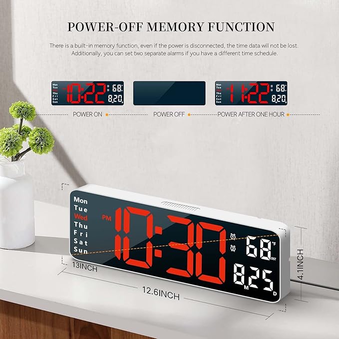 Digital Clock, Digital Wall Clock for Living Room Decor, Desk Alarm Clock for Bedroom, Large Wall Clock with Remote Control, Automatic Brightness Dimmer LED Clock with Date Temperature Week (Red-W)